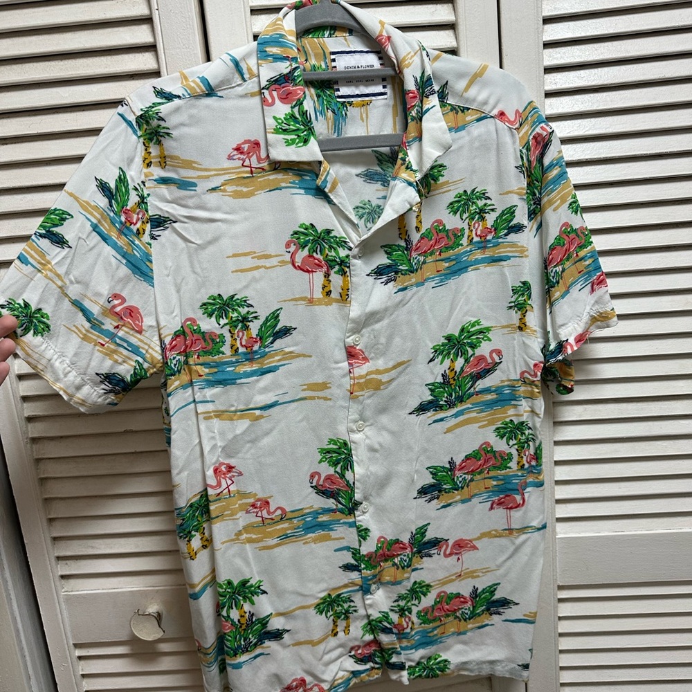 Tropical flamingo mens button down : short sleeve